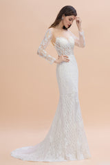 Gorgeous Jewel Tulle Lace Wedding Dress Long Sleeves Appliques Mermaid Bridal Gowns On Sale-27dress
