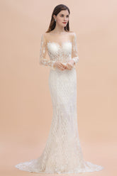 Gorgeous Jewel Tulle Lace Wedding Dress Long Sleeves Appliques Mermaid Bridal Gowns On Sale-27dress