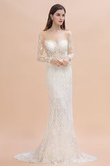 Gorgeous Jewel Tulle Lace Wedding Dress Long Sleeves Appliques Mermaid Bridal Gowns On Sale-27dress