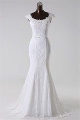 Gorgeous Lace Jewel Mermaid White Wedding Dresses with Appliques Online-27dress