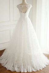 Gorgeous Lace V-neck Appliques Wedding Dress White Tulle A-line Bridal Gowns On Sale-27dress