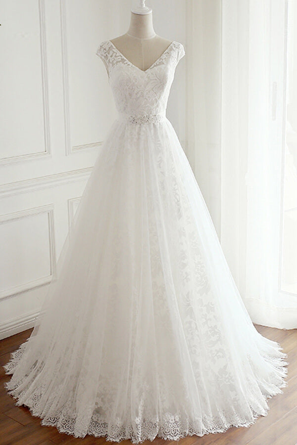 Gorgeous Lace V-neck Appliques Wedding Dress White Tulle A-line Bridal Gowns On Sale-27dress