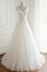 Gorgeous Lace V-neck Appliques Wedding Dress White Tulle A-line Bridal Gowns On Sale-27dress