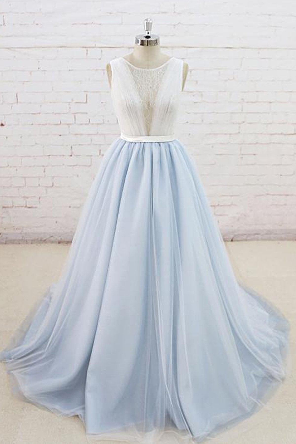 Gorgeous Light Blue Tulle Lace Wedding Dress Sheer Back Summer Bridal Gowns On Sale-27dress