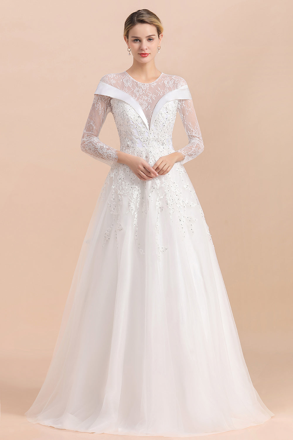 Gorgeous Long Sleeve Lace Wedding Dress Online Appliques Bridal Gowns With Beadings-27dress