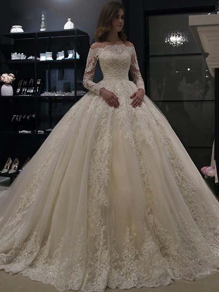 Gorgeous Long Sleeves Ball Gown Lace Tulle Wedding Dresses-27Dress