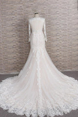 Gorgeous Longsleeves V-neck Mermaid Wedding Dresses White Lace Bridal Gowns With Appliques On Sale-27dress