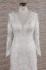 Gorgeous Longsleeves V-neck Mermaid Wedding Dresses White Lace Bridal Gowns With Appliques On Sale-27dress