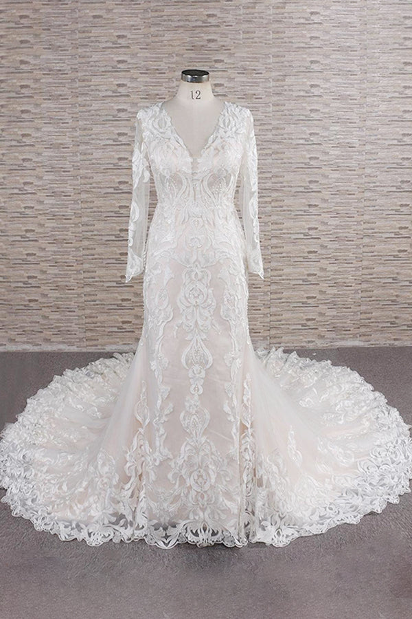 Gorgeous Longsleeves V-neck Mermaid Wedding Dresses White Lace Bridal Gowns With Appliques On Sale-27dress