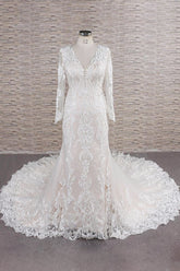 Gorgeous Longsleeves V-neck Mermaid Wedding Dresses White Lace Bridal Gowns With Appliques On Sale-27dress
