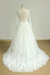 Gorgeous Longsleeves White Appliques Wedding Dress Tulle Lace Jewel Bridal Gown On Sale-27dress