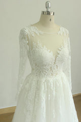 Gorgeous Longsleeves White Appliques Wedding Dress Tulle Lace Jewel Bridal Gown On Sale-27dress