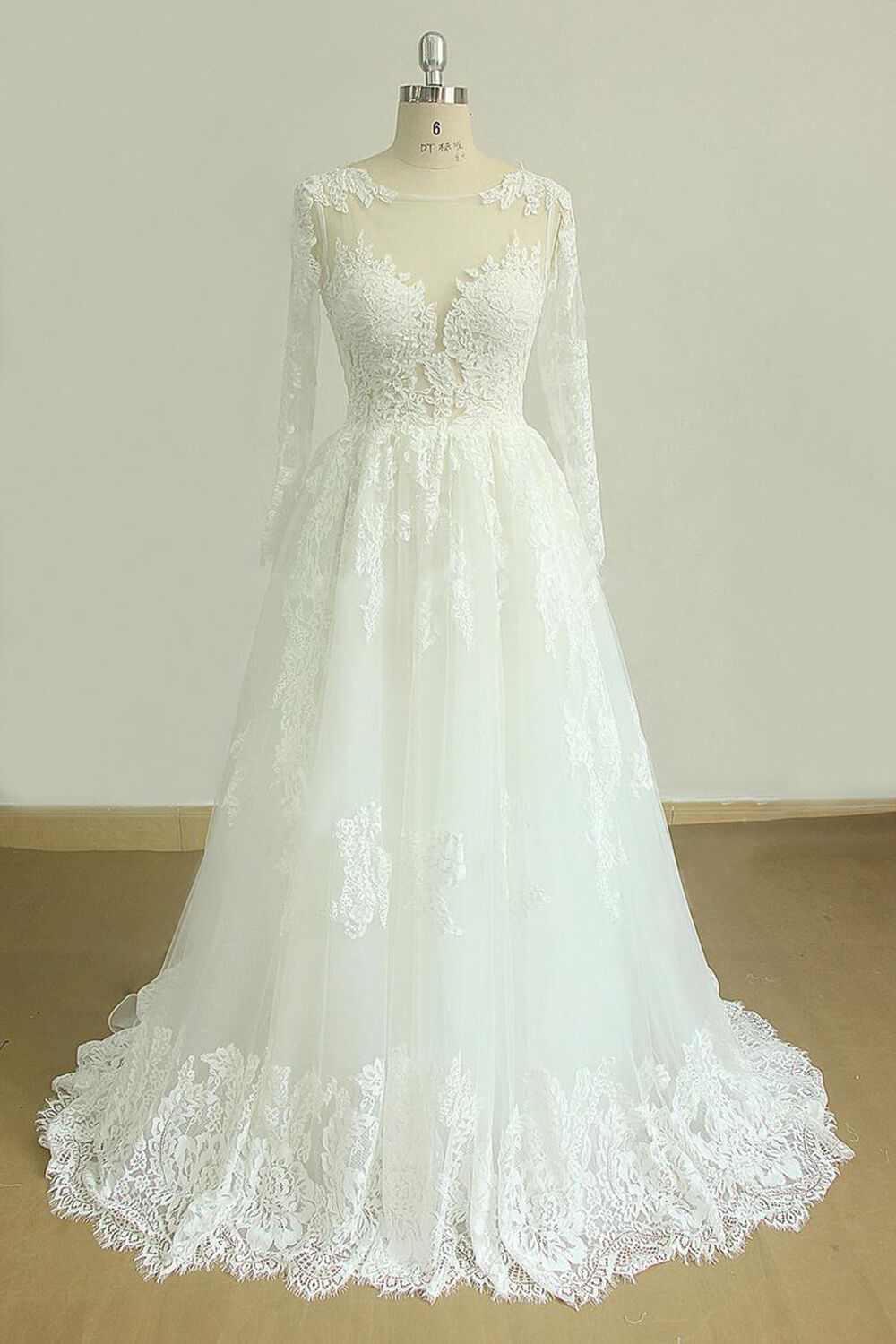 Gorgeous Longsleeves White Appliques Wedding Dress Tulle Lace Jewel Bridal Gown On Sale-27dress
