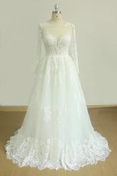 Gorgeous Longsleeves White Appliques Wedding Dress Tulle Lace Jewel Bridal Gown On Sale-27dress