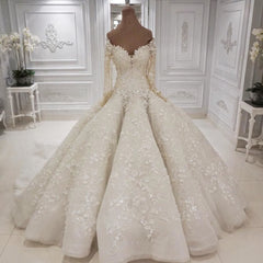 Gorgeous Longsleeves White Lace Wedding Dresses A-line Tulle Bridal Gowns With Appliques Online-27dress