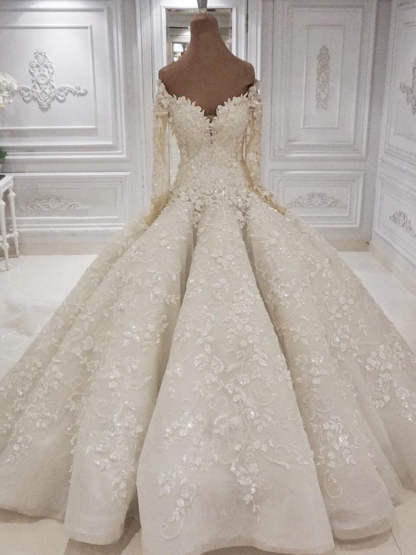 Gorgeous Longsleeves White Lace Wedding Dresses A-line Tulle Bridal Gowns With Appliques Online-27dress