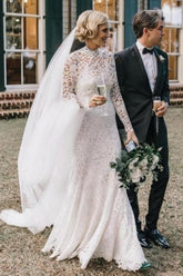 Gorgeous Mermaid High Neck Backless Long Sleeve Lace Sweep Train Wedding Dress-27dress