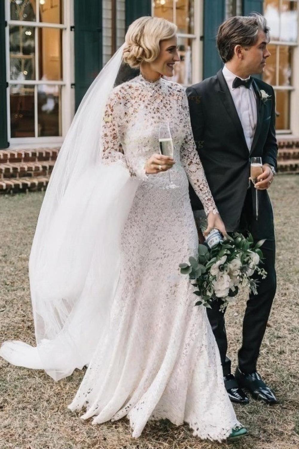 Gorgeous Mermaid High Neck Backless Long Sleeve Lace Sweep Train Wedding Dress-27dress