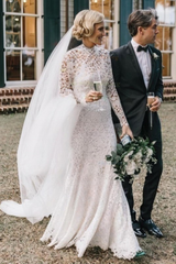 Gorgeous Mermaid High Neck Backless Long Sleeve Lace Sweep Train Wedding Dress-27dress