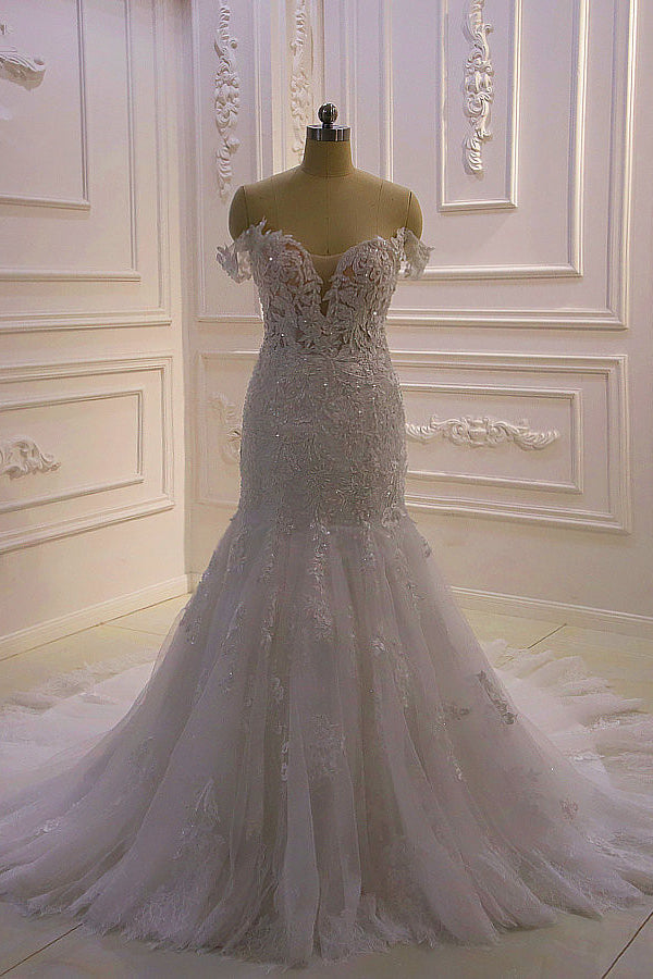 Gorgeous Mermaid Tulle Lace Wedding Dress Off-the-Shoulder Appliques Bridal Gowns with Sequins Online-27dress