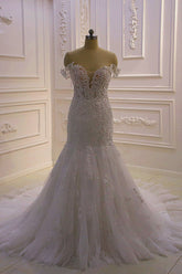 Gorgeous Mermaid Tulle Lace Wedding Dress Off-the-Shoulder Appliques Bridal Gowns with Sequins Online-27dress