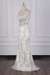 Gorgeous Mermaid V-Neck Tulle Wedding Dress Sequined Bedaings Sleeveless Bridal Gowns On Sale-27dress