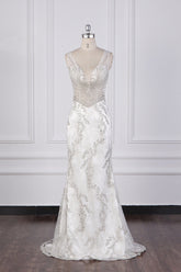 Gorgeous Mermaid V-Neck Tulle Wedding Dress Sequined Bedaings Sleeveless Bridal Gowns On Sale-27dress