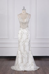 Gorgeous Mermaid V-Neck Tulle Wedding Dress Sequined Bedaings Sleeveless Bridal Gowns On Sale-27dress