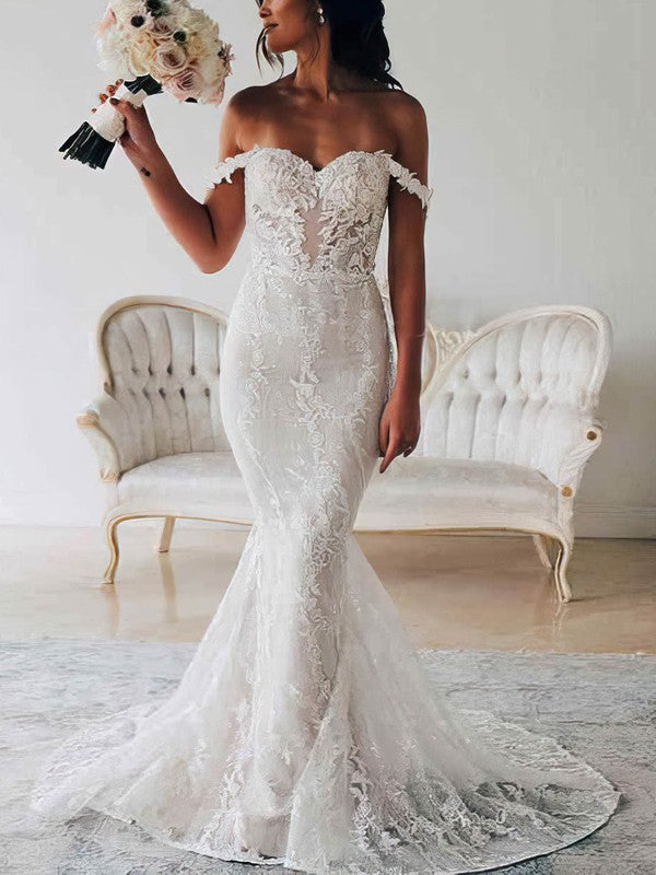 Gorgeous Off-the-shoulder Appliques Lace Trumpet/Mermaid Tulle Sweep Train Wedding Dress