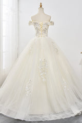 Gorgeous Off-the-Shoulder Champagne Tulle Wedding Dress Ball Gown Lace Appliques Sleeveless Bridal Gowns Online-27dress