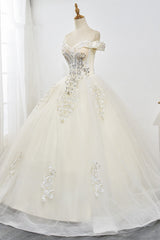 Gorgeous Off-the-Shoulder Champagne Tulle Wedding Dress Ball Gown Lace Appliques Sleeveless Bridal Gowns Online-27dress