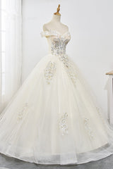 Gorgeous Off-the-Shoulder Champagne Tulle Wedding Dress Ball Gown Lace Appliques Sleeveless Bridal Gowns Online-27dress
