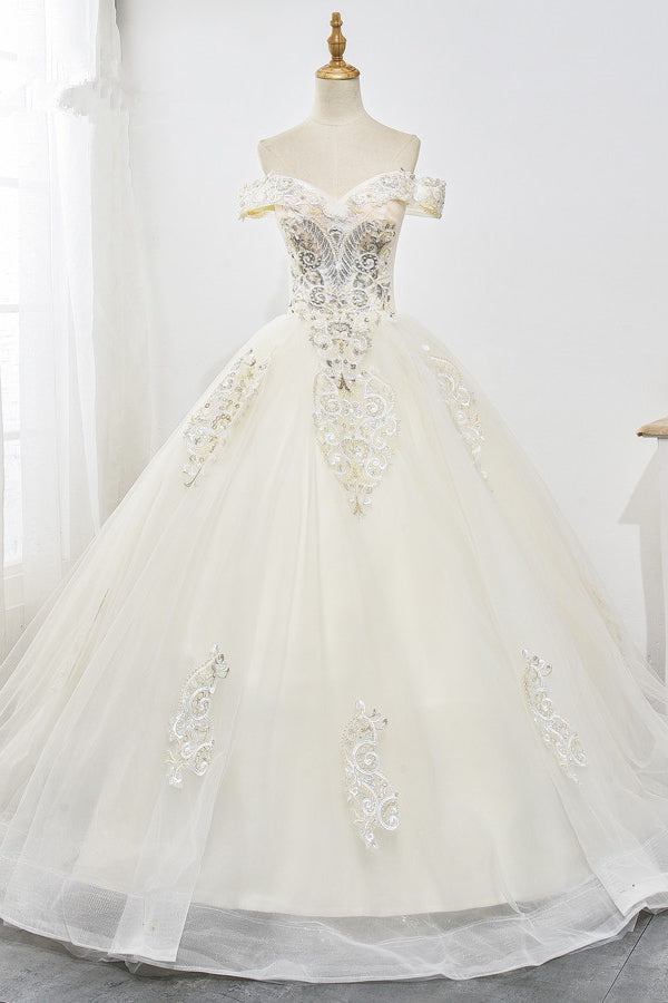 Gorgeous Off-the-Shoulder Champagne Tulle Wedding Dress Ball Gown Lace Appliques Sleeveless Bridal Gowns Online-27dress
