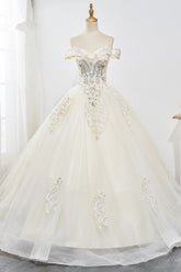 Gorgeous Off-the-Shoulder Champagne Tulle Wedding Dress Ball Gown Lace Appliques Sleeveless Bridal Gowns Online-27dress