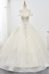 Gorgeous Off-the-Shoulder Champagne Tulle Wedding Dress Ball Gown Lace Appliques Sleeveless Bridal Gowns Online-27dress