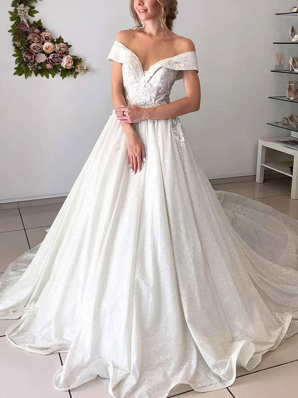 Gorgeous Off-the-shoulder Glitter Court Train Wedding Dress with Appliques Lace