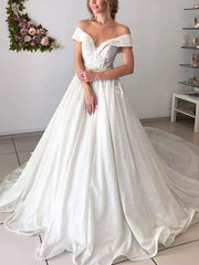 Gorgeous Off-the-shoulder Glitter Court Train Wedding Dress with Appliques Lace