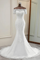 Gorgeous Off-the-Shoulder Lace Mermaid Wedding Dresses Short Sleeves Rhinestons Bridal Gowns-27dress