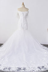 Gorgeous Off-the-Shoulder Mermaid White Wedding Dress Sweetheart Sleeveless Appliques Bridal Gowns with Rhinestones On Sale-27dress