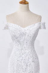 Gorgeous Off-the-Shoulder Mermaid White Wedding Dress Sweetheart Sleeveless Appliques Bridal Gowns with Rhinestones On Sale-27dress