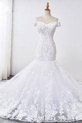 Gorgeous Off-the-Shoulder Mermaid White Wedding Dress Sweetheart Sleeveless Appliques Bridal Gowns with Rhinestones On Sale-27dress