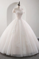Gorgeous Off-the-shoulder Pink A-line Wedding Dresses Tulle Ruffles Bridal Gowns With Appliques Online-27dress
