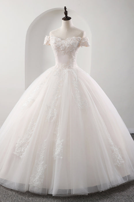Gorgeous Off-the-shoulder Pink A-line Wedding Dresses Tulle Ruffles Bridal Gowns With Appliques Online-27dress