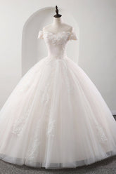 Gorgeous Off-the-shoulder Pink A-line Wedding Dresses Tulle Ruffles Bridal Gowns With Appliques Online-27dress