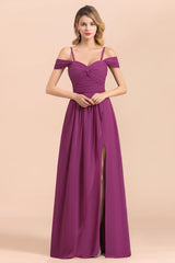 Gorgeous Off-the-Shoulder Ruffle Orchid Bridesmaid Dress Online with Slit-27dress
