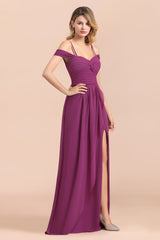 Gorgeous Off-the-Shoulder Ruffle Orchid Bridesmaid Dress Online with Slit-27dress