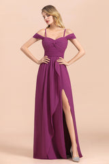 Gorgeous Off-the-Shoulder Ruffle Orchid Bridesmaid Dress Online with Slit-27dress