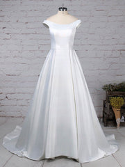 Gorgeous Off-the-Shoulder Satin Ball Gown Wedding Dress with Pockets