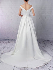 Gorgeous Off-the-Shoulder Satin Ball Gown Wedding Dress with Pockets