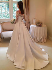 Gorgeous Off-the-shoulder Satin Ball Gown With Appliques Lace and Sweep Train Wedding Dress